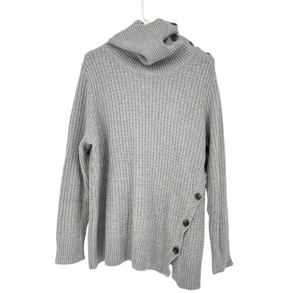 WOMAN WITHIN Gray Sweater Cowl Neck Side Button Waffle Knit Cotton Blend M 14/16 - Picture 1 of 5